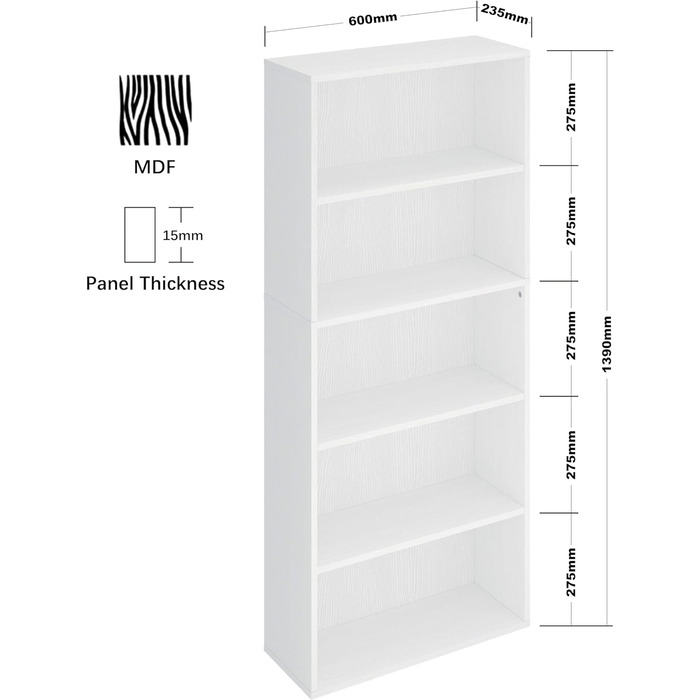 Книжкова шафа Panana, дерев'яна полиця з 5 відділеннями, 60 x 23,5 x 139 см, біла, для вітальні/офісу/кабінету