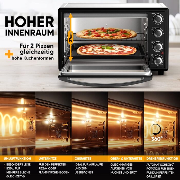 Міні-піч Stillstern 35л з конвекцією, Pizza Ø28, CYCLONE PRO+ антипригарне покриття, функція розморожування, таймер 2год, для кемпінгу, гриль з насадкою для шашлику