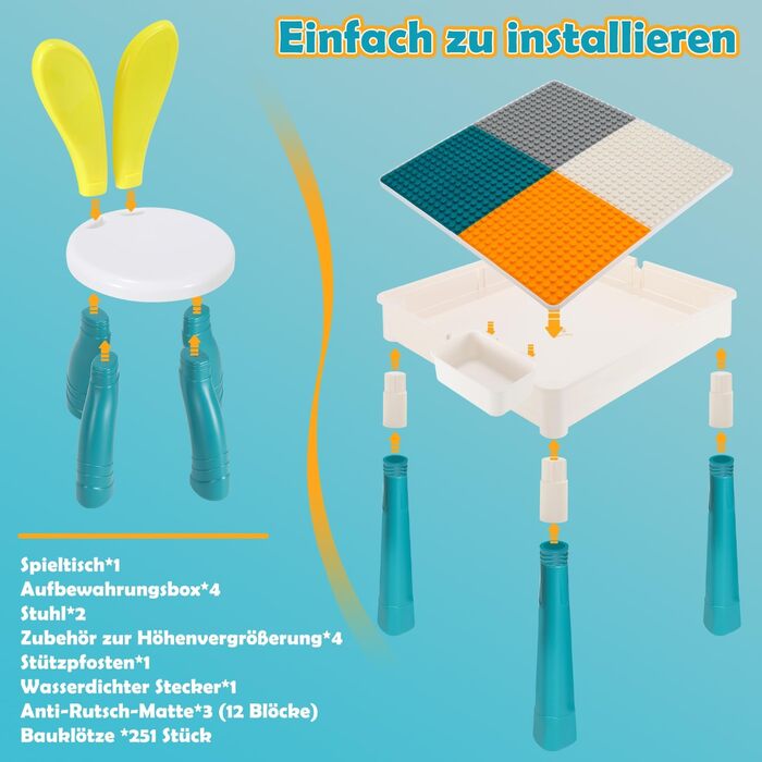 Дитячий стіл з 2 стільцями, ігровий стіл для дітей з 251 кубиком, багатофункціональний стіл для активностей від 2 років з місцем для зберігання, творчий стіл для конструювання з набором кубиків