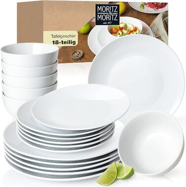 Набір посуду на 6 персон сучасний - виготовлений з високоякісної порцеляни в класичному білому кольорі - складається з 6 обідніх тарілок, 6 десертних тарілок і 6 мисок Набір посуду 18 штук, 18 шт., - Mness aptieka