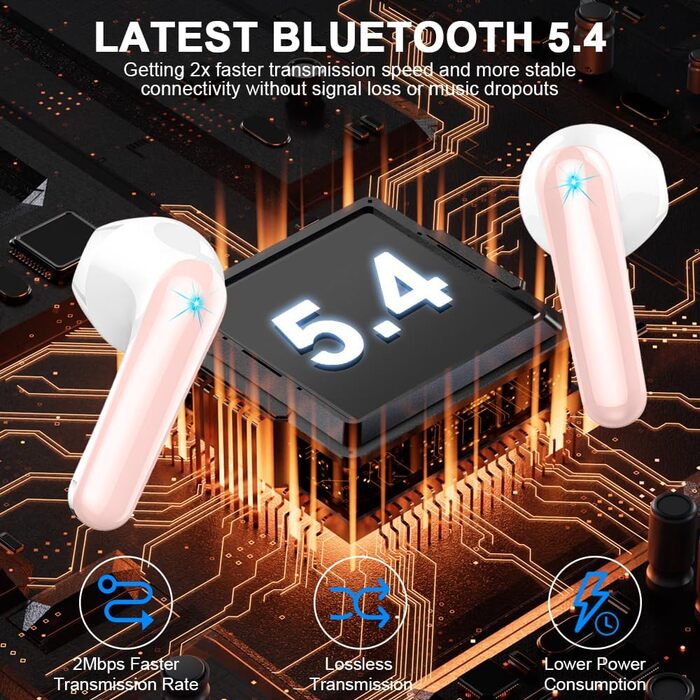 Навушники-вкладиші Bluetooth 5.4, бездротовий, час відтворення 50 годин, ENC, світлодіодний індикатор, водонепроникний IP7 (рожевий)