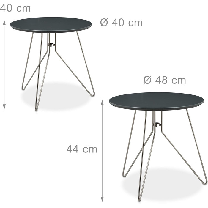 Набір приставних столів Relaxdays з 2 шт. , круглі гніздові столи з металевим каркасом, приставні столики, стільниця 40 і 48 см, МДФ, стандарт (сірий)