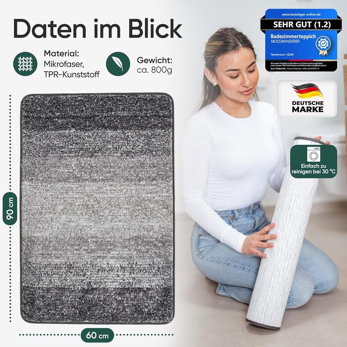 Килимок для ванної кімнати 60x90 см, антиковзаючий, чорно-сірий | Килимок для ванни, килимок для душу | Преміум якість, великий, миючий | Килимок для ванни, килимок для душу