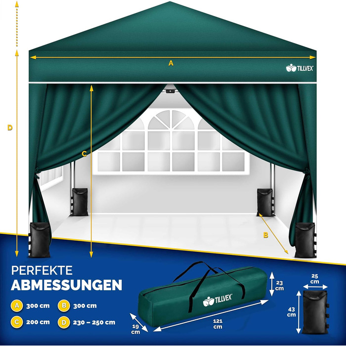 Павільйон Tillvex водовідштовхувальний з набором з 4 мішків з піском | Pop-Up павільйон, стабільний та регульований по висоті | Садовий намет з UV захистом 50+ | Намет для вечірок з сумкою для саду (антрацит) (3x3м з 4 боковими частинами, 3 x 3 м – зелени