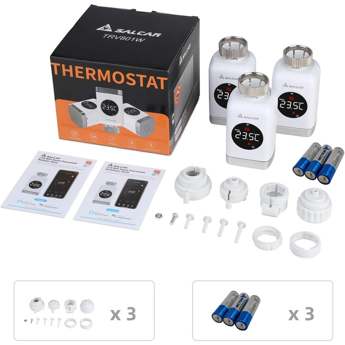 SALCAR TRV801W WiFi термостат для радіатора опалення Smart LCD, сумісний з Alexa та Google Home, Tuya Smart, 3 шт.