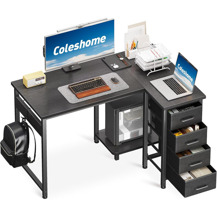 Комп'ютерний кутовий стіл Coleshome 100x70 см з 4 шухлядами, білий/чорний, для офісу, робочого кабінету, спальні