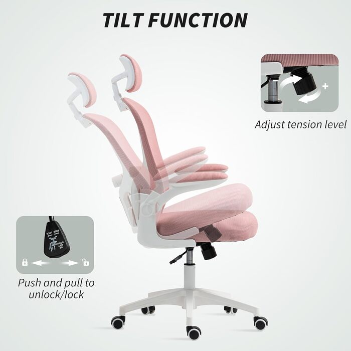 Офісний стілець Vinsetto з високою спинкою, сітчаста тканина, комп'ютерний стілець з обертовою підголівником, 4D-підтримка попереку, регульовані підлокітники, регульована висота, білий (рожевий)