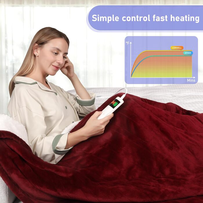 Електрична гріюча ковдра з автовимкненням, 130x180 см, 10 режимів нагріву, таймер 8 годин, захист від перегріву, фланель, машинне прання, для дому та офісу, червона, 130 x 180 см