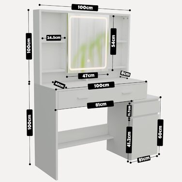 Дзеркало для макіяжу JUMMICO з LED-підсвічуванням, регульована яскравість та колірна температура, органайзер, туалетний столик з ящиками та регульованими полицями, 110x40x140 см