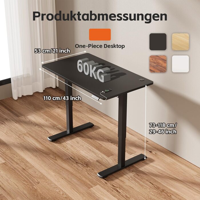 Регульований за висотою стіл JUMMICO з підйомним механізмом, пам'яттю, 110 x 60 см, чорний