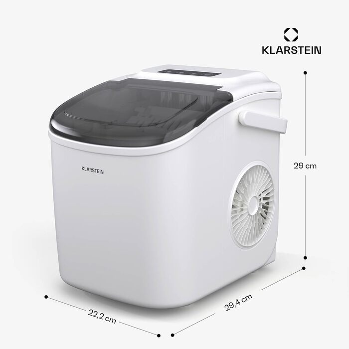 Машина для приготування льоду Klarstein - 12 кг/24 год, 2 розміри, резервуар 1,3 л, LED-дисплеї, прозорий кришка, портативна, для вечірок/садових свят, білий