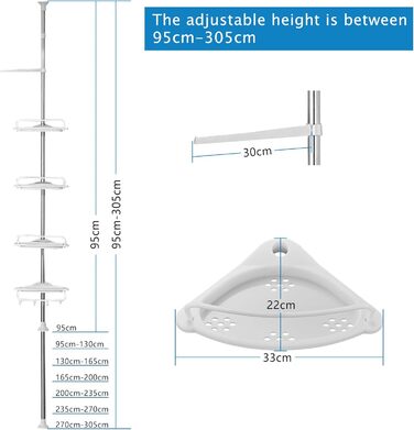 Регульована по висоті душова полиця без свердління, нержавіюча сталь, 4 кошики, рушникосушка, 95-305см, біла