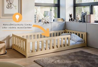 Ліжко дитяче Kinderbett Bodenbett 90x200 см з бортиком та ламелями Montessori, ліжко-гойдалка для дітей та підлітків, 4-18 років, колір натуральний