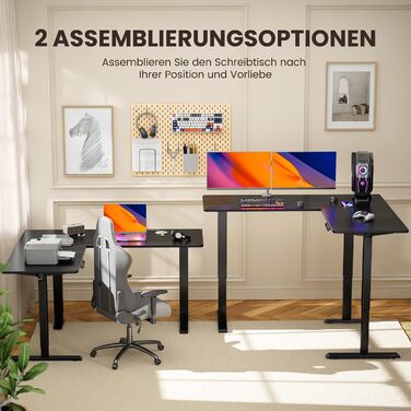 ЕрГер: Кутовий електричний стіл з регулюванням висоти, L-подібний, з індивідуальним мотором, 4-пам'ять, білий (160 x 140 см, чорний)