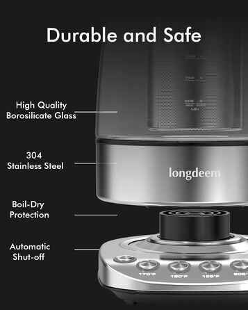 Електричний чайник LONGDEEM, 1,7 л/2200 Вт, скло та нержавіюча сталь, автоматичне вимкнення, без бісфенолу А, срібло