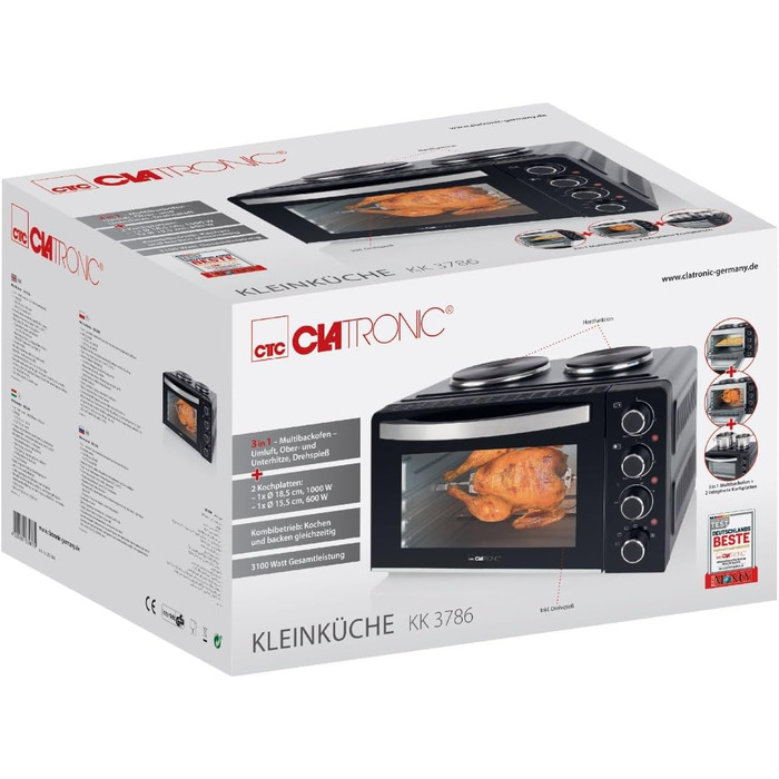 Міні-піч Clatronic® з конфорками та поворотним шампуром | одночасне приготування та випікання | міні-піч 28л конвекція, верхнє/нижнє нагрівання 100°-230°C | електрична міні-піч 3100 Вт з аксесуарами | KK 3786