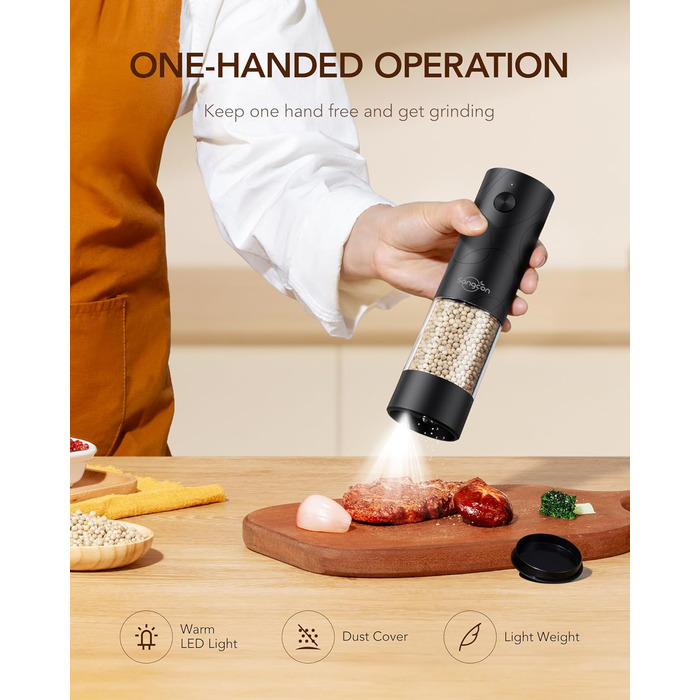 Електричні млини для солі та перцю Sangcon, 2 швидкості, перезаряджувані, 6 ступенів помелу, автоматичний набір з док-станцією, зручне використання (чорний)