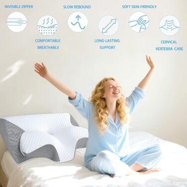 Ортопедична подушка для шиї Tbintul з Memory Foam, ергономічна подушка для сну, зменшує біль у шиї, для тих, хто спить на боці, спині та животі, покращує якість сну, чорний/білий колір