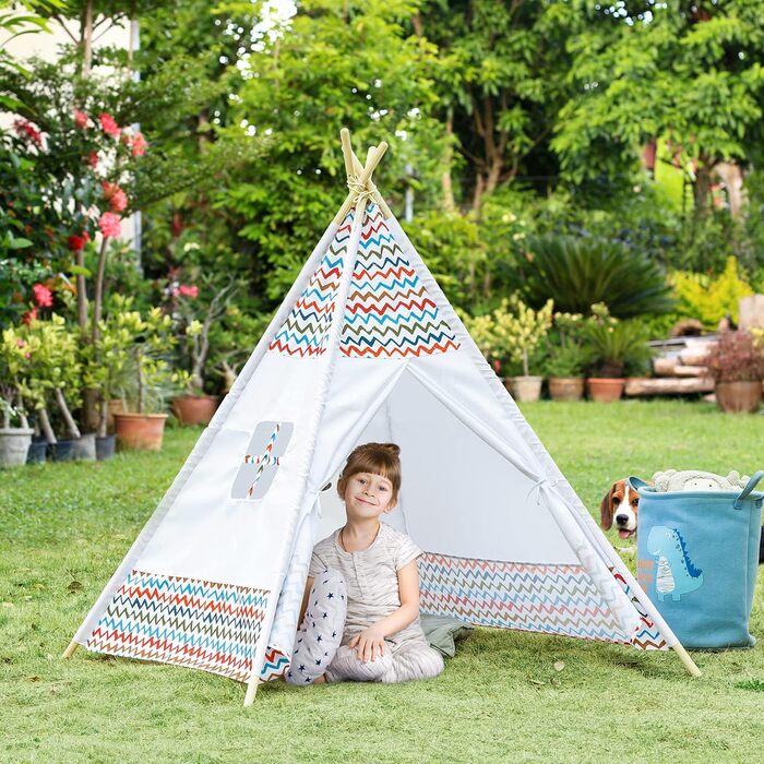 Дитячий намет HOMCOM для дітей старше 3 років, Тіпі з дерева з вікном, для дому та вулиці, 120x120x155 см, білий