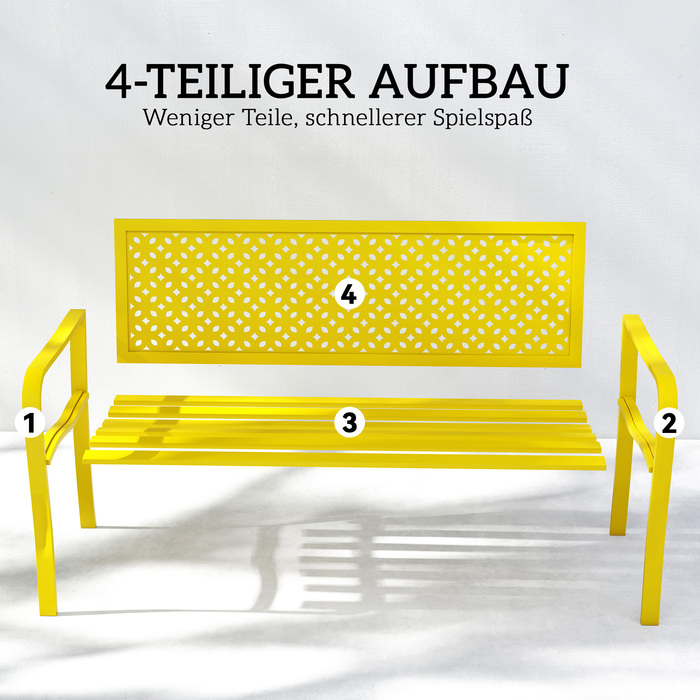 Лавочка для саду на 2 особи, металева, стійка до погодних умов. Міцна конструкція з антикорозійним покриттям та геометричним дизайном, витримує до 240 кг.