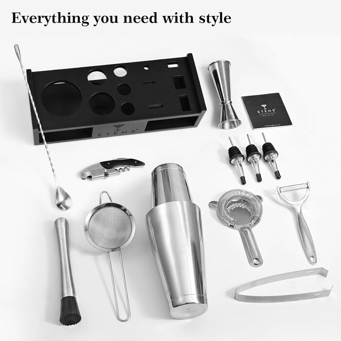 Набір для коктейлів 15 предметів: шейкер бостонський, джигер, сито, відкривачка, ложка для коктейлів - Барменський набір для приготування коктейлів