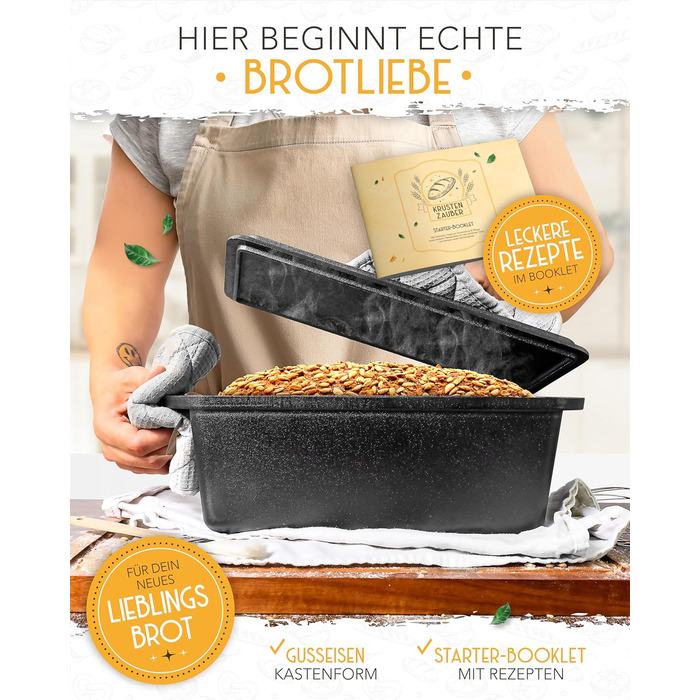 Форма для випікання хліба з чавуну з кришкою Krustenzauber - міцна прямокутна 28 см, ідеальна для хліба, тостів, випікання в чавунному горщику