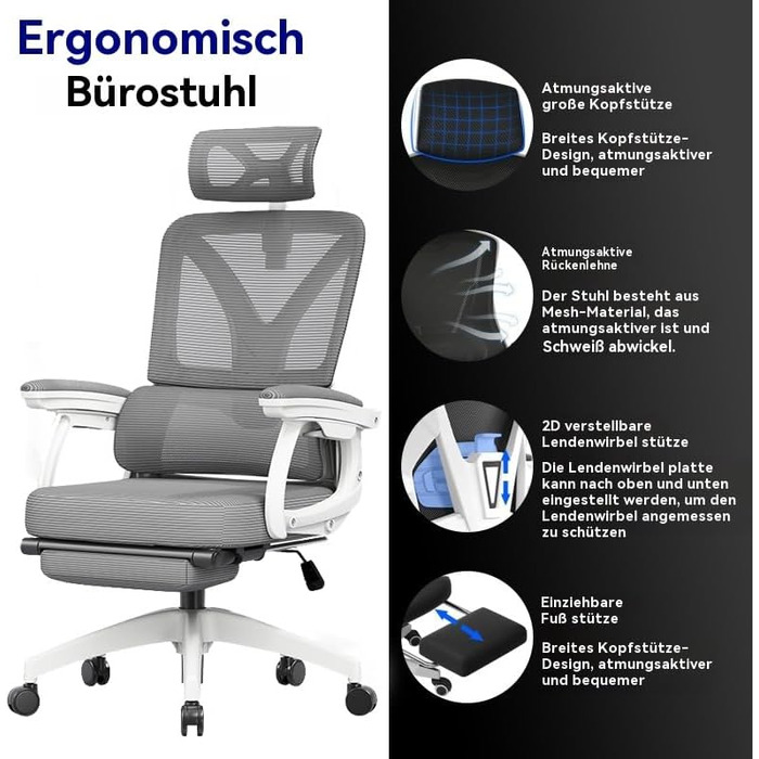 Ергономічне крісло для офісу з високою спинкою та регульованою поперековою підтримкою, дихаючий сітчастий ігровий стілець з широким сидінням, підніжка, стабільне комп'ютерне крісло (Білий)