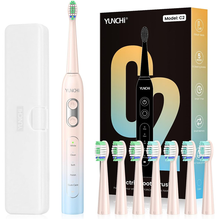 Електрична зубна щітка YUNCHI з USB-C зарядкою, 5 режимів, 8 насадок, для дорослих та дітей, блакитна