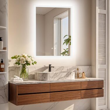 Дзеркало для ванної кімнати LUVODI з підсвічуванням 40x50 см: регульоване LED дзеркало з 3 кольорами світла, 2 сенсорні кнопки, запобігає запотіванню, водонепроникне, монтаж на стіну (70L x 50B см)