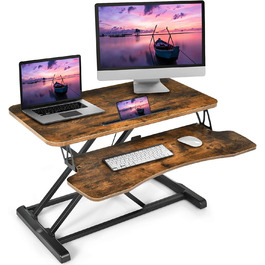 Регульований по висоті стіл COSTWAY сидячи з лотком для клавіатури та тримачем для планшета, кріплення для столу з прихованими гачками для прокладання кабелів, підставка для монітора для монітора або ноутбука (коричневий)