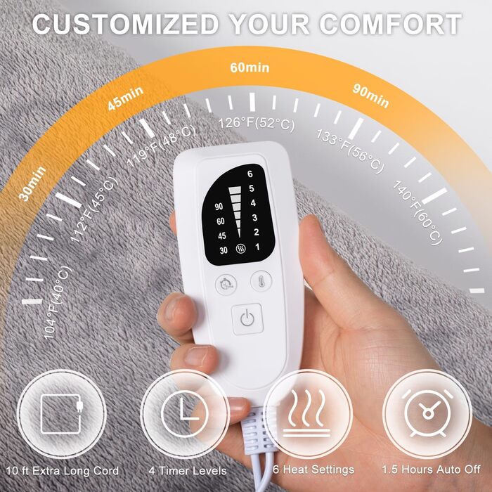 Грілка для спини, шиї та плечей NALONE, 63x100 см, 6 температурних режимів, таймер, фланель, пральна