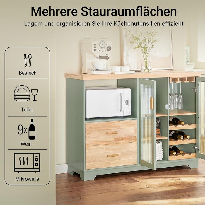 Буфет-комод SoBuy з скляними дверцятами, шухлядами та робочою поверхнею 120 см, нішею для мікрохвильової печі та полицею для вина. Кухняні меблі для вітальні та їдальні. Колір: зелений, розмір: 120x90x40 см