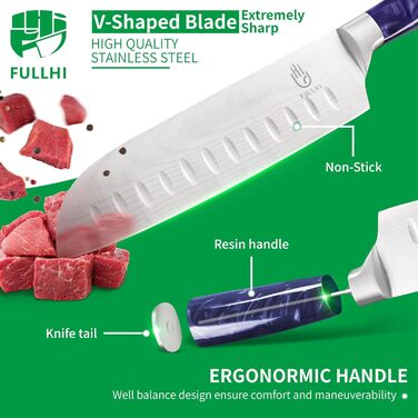 Японський набір ножів Fullhi 15 предметів з магнітним підставкою, леза з японської сталі, ергономічні ручки з фіолетового харчу, для професійної та домашньої кухні