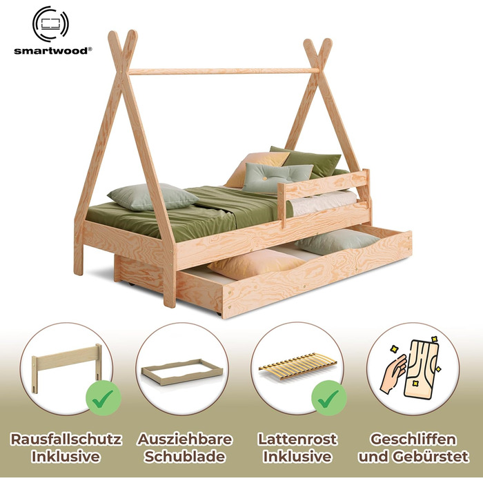 Дерев'яне ліжко-дитяча кімната Smartwood Hausbett Montessori Tipi F з сосни з сертифікатом FSC, захист від падіння, ламелі до 230 кг, для хлопчиків та дівчаток (80x160) з шухлядою