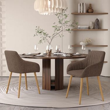 Крісло для обідньої зони з підлокітниками, бежеве, на дерев'яних ніжках, з м'яким сидінням (4 шт., коричневий поліестер)