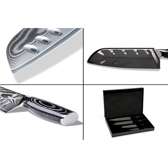 Набір кухонних ножів Wolfblood PRO Damaststahl XL (4 ножі) з нержавіючої сталі Дамаск, 33/31/23/19 см, з сертифікацією TÜV, 62 HRC, з дерев'яною ручкою, подарункова коробка та захист леза