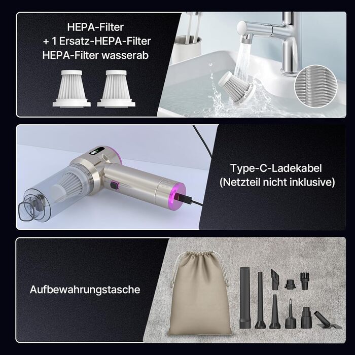 Акумуляторний ручний пилосос Piwaal 4-в-1, безщітковий мотор 22000Па, з повітродувкою 220000 об/хв, для авто, дому, офісу та комп'ютера, сріблястий