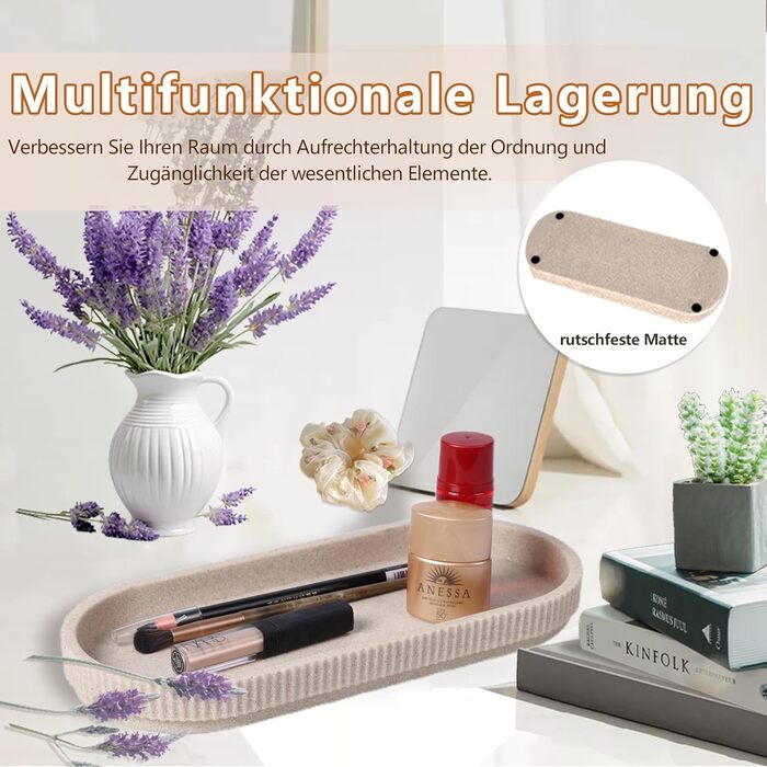 Набір для ванної кімнати 6 предметів: дозатор для мила, стаканчик для зубної щітки з підносом та коробочка для ватних паличок – смугастий дизайн, високоякісна смола (бежевий)