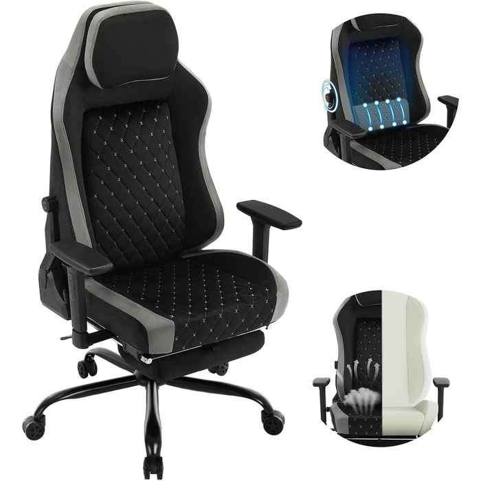 Ігровий крісло WOLTU, офісне крісло ергономічне, з інтегрованим м'яким наповнювачем, адаптивною підтримкою попереку, підніжкою, підлокітниками, оксамитовим покриттям, металевим каркасом, чорний + сірий, GS05szg Чорний+сірий Оксамит