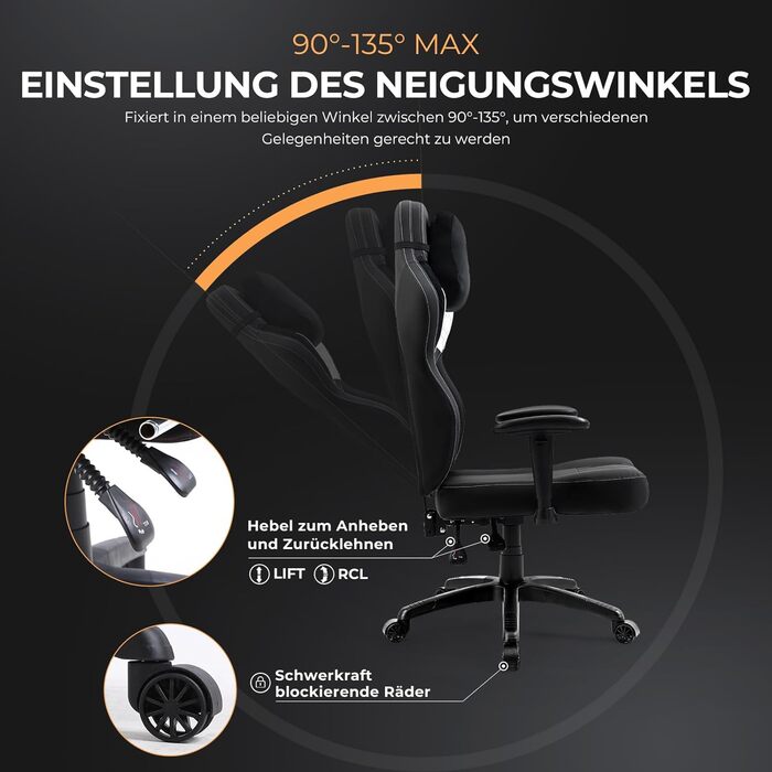 Ігрове крісло Dowinx для важких людей, ергономічне, з можливістю нахилу, високою спинкою (чорне/біле)
