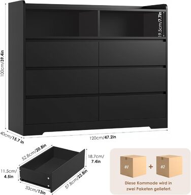 Комод FOREHILL з 6 висувними ящиками 120 см, тумба приліжкова для спальні, вітальні, коридору, 120x40x100 см, чорний