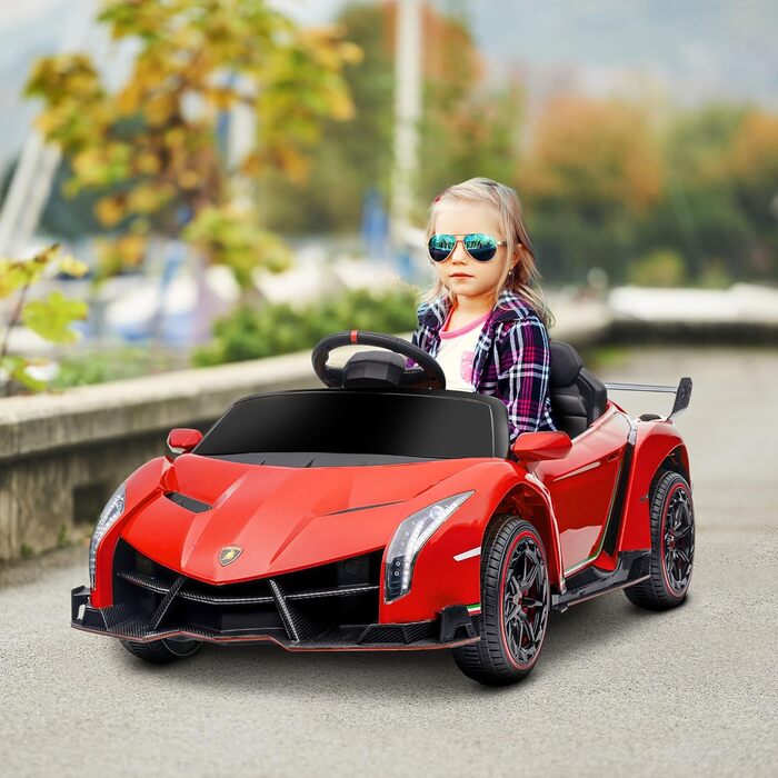 Дитячий електромобіль Lamborghini Veneno HOMCOM 12V з пультом, музикою, червоний, ліцензійний, знімна батарея, для дітей 3-6 років, фірмові двері-крила