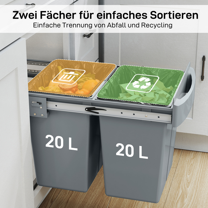 Відро для сміття HOMCOM висувне, 2 x 20 л, знімні контейнери, пластик, метал, сірий