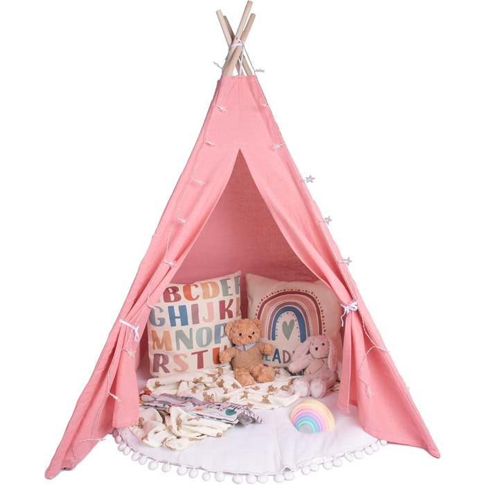 Дитяче намету для ігор | Ігровий намет-тіпі для дівчаток та хлопчиків, 140 x 120 см, бавовняна тканина з зірками, килимок в комплекті (Pink Blush)