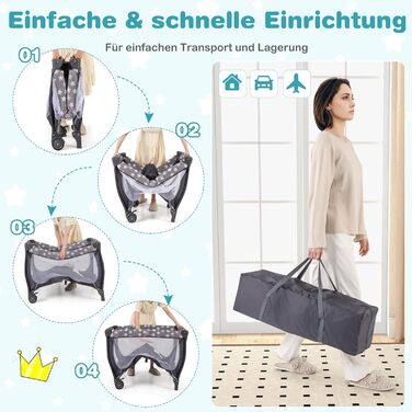 Дитяче ліжко-манежа DREAMADE 102x72 см, 3 в 1: ліжко, манежа, бебі-центр з матрацом, колесами, москітною сіткою та пеленальним столиком для новонароджених та дітей 0-36 місяців (сірий)