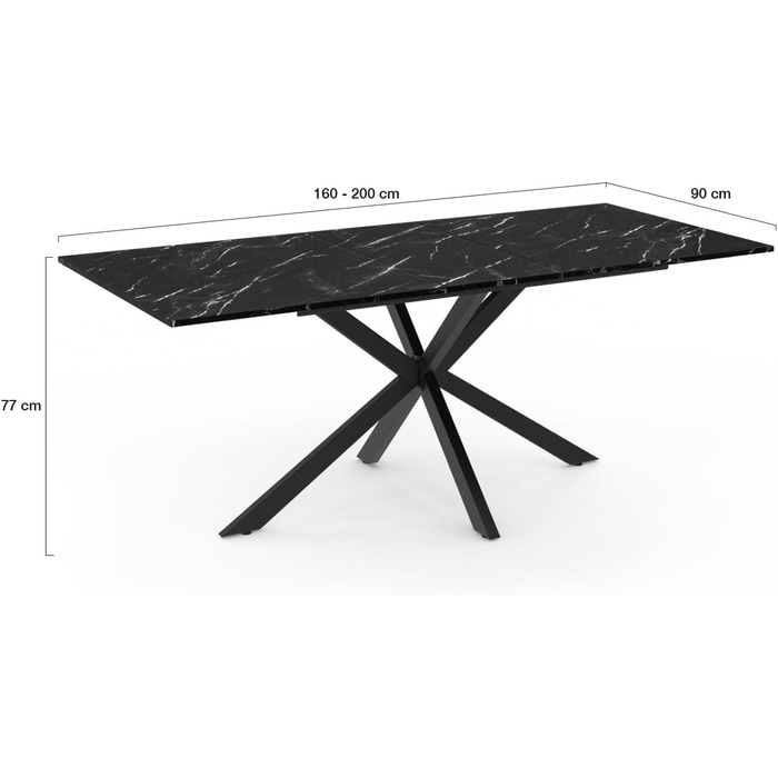 Розсувний обідній стіл Alix, 160-200 см, для 6-10 осіб, чорний, з імітацією мармуру, на металевих ніжках