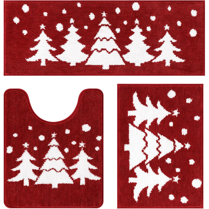 Набір килимків для ванної кімнати на Новий Рік: 3 шт. (червоний, з малюнком ялинки) - 45x65 см, 45x120 см, 50x60 см, нековзкі, водопоглинаючі, для туалету та душу