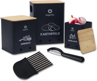 Набір коробок для зберігання картоплі, цибулі та часнику – 3 шт. Металеві овочеві контейнери з картопляницею та очищувачем – чорний колір