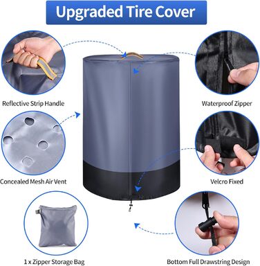 Чохол для коліс автомобіля, великий, міцний, 420D, універсальний, для 4 коліс, з блискавкою, вологостійкий, з світловідбиваючими смугами (Ø 84cm x H 120cm), сірий & чорний