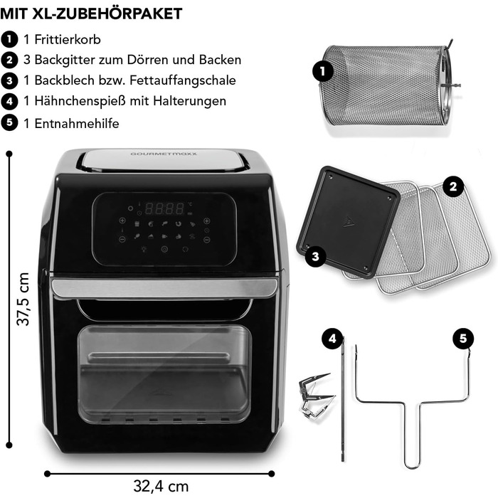 Фритюрниця GOURMETmaxx Digital XXL 12 літрів Завдяки 10 програмам аксесуари можна мити в посудомийній машині, збільшене оглядове вікно Конструкція з нержавіючої сталі 1,800 Вт/чорний